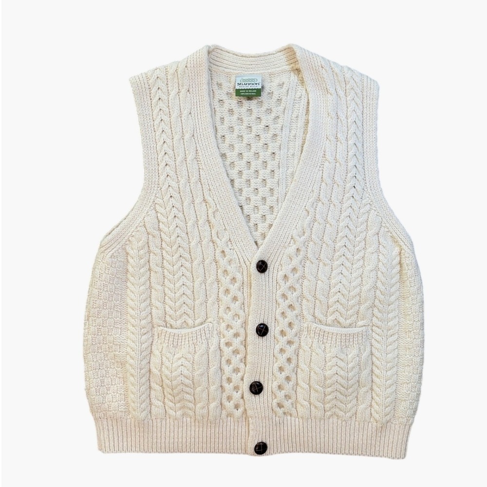 Shannon Mens Aran Cable Cardigan Vest Merino Wool Cream XL Fisherman Layering